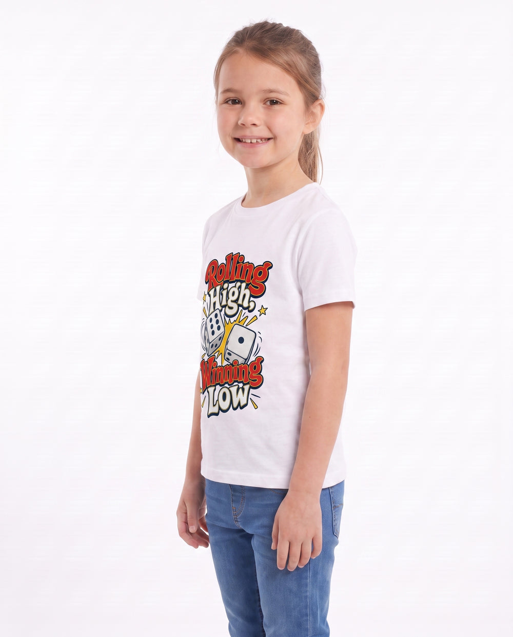 Rolling High, Winning Low White T-Shirt mockup 2