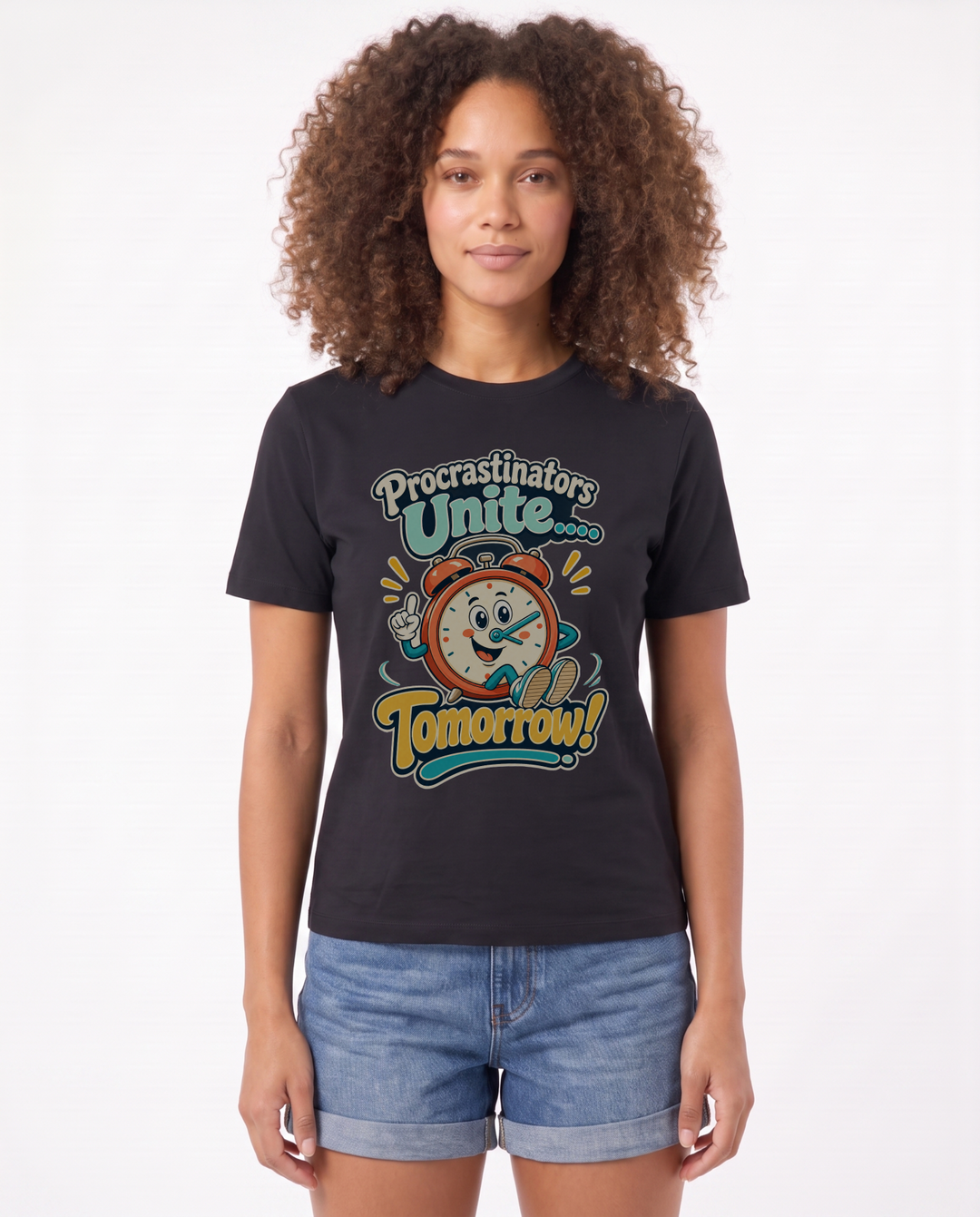 Procrastinators Unite... Tomorrow! Black T-Shirt mockup 1