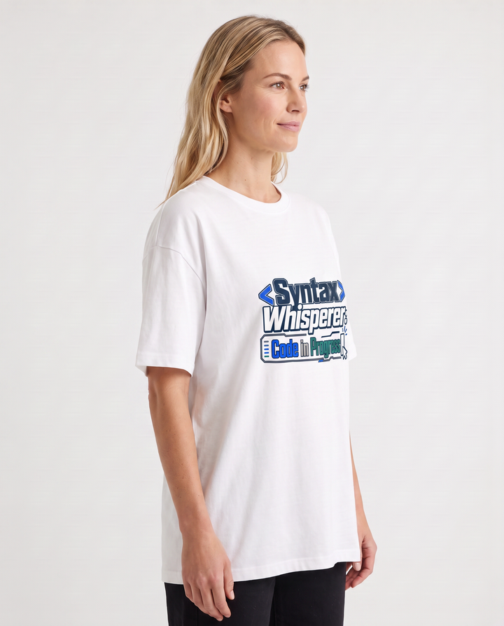 Syntax Whisperer: Code In Progress White T-Shirt mockup 2