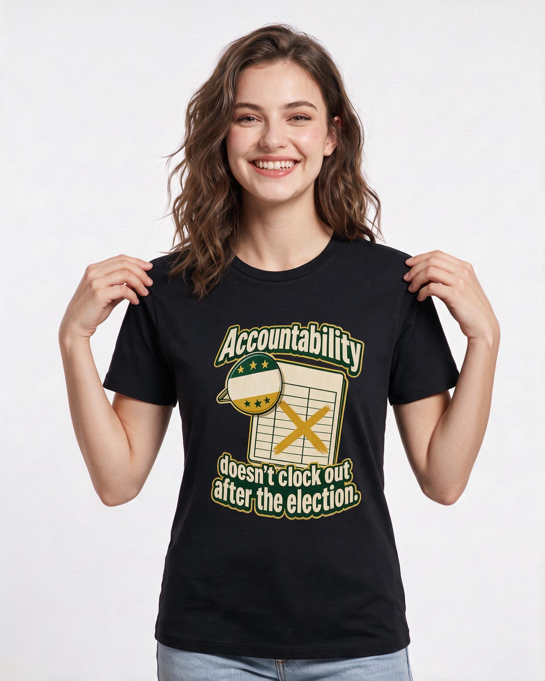Political Statement Women's Black T-Shirt – Accountability doesn't clock out after the election. product image 3