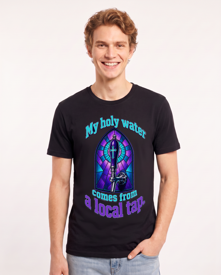 Beer Men's Black T-Shirt – My holy water comes from a local tap. product image 1