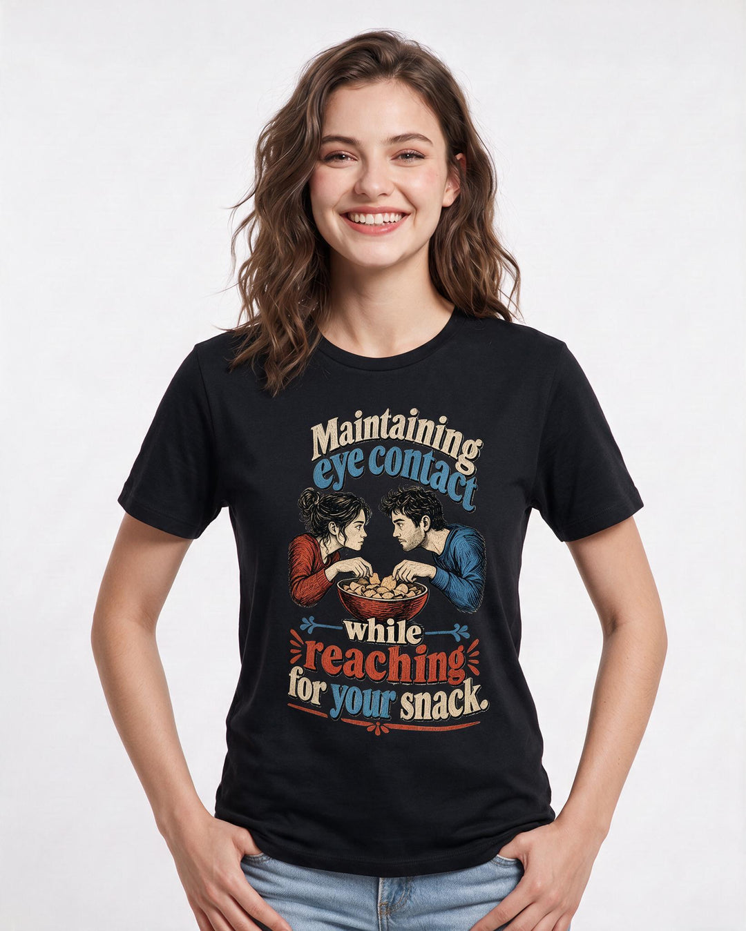 Funny Couples Women's Black T-Shirt – Maintaining eye contact while reaching for your snack. product image 3