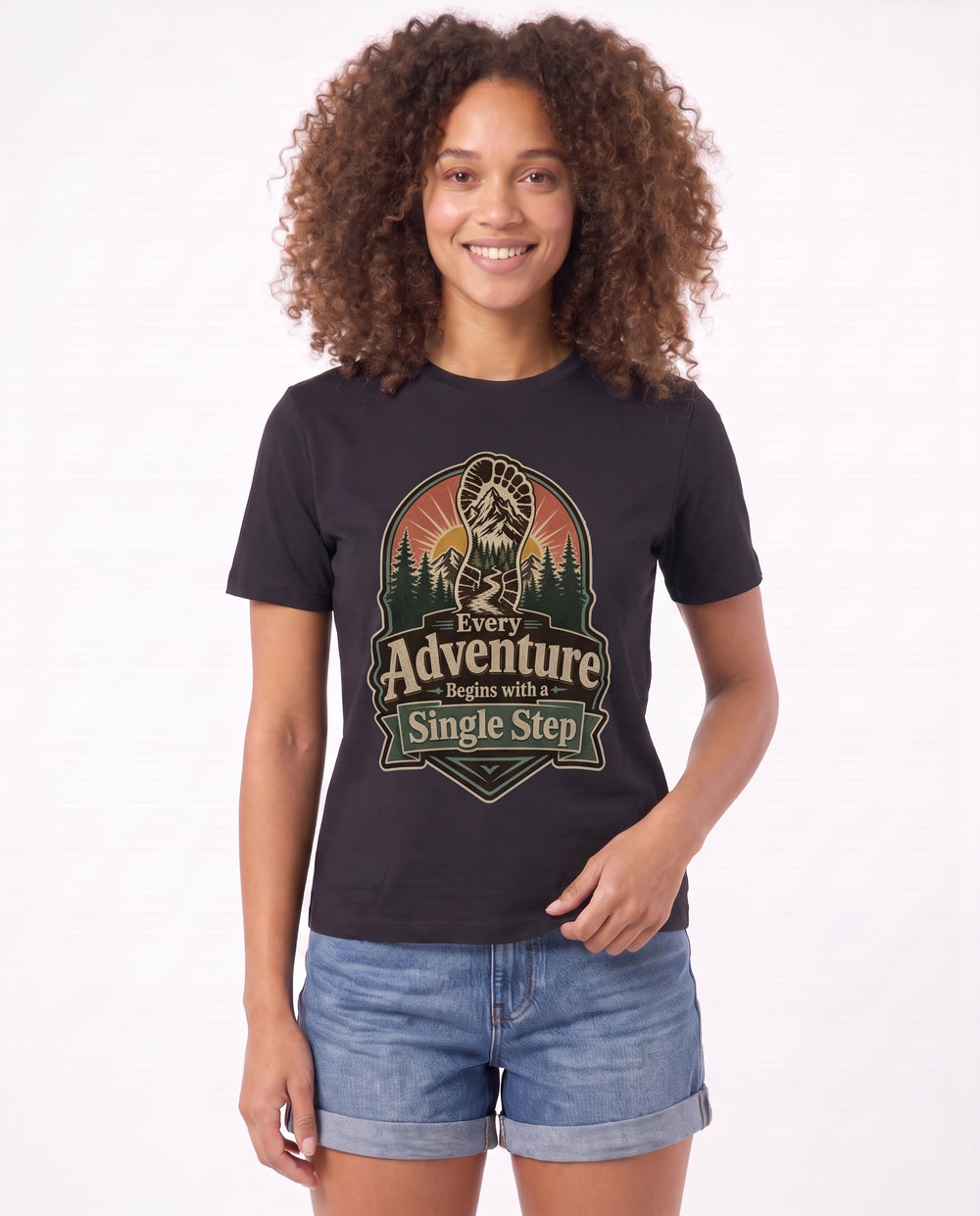 Every Adventure Begins With A Single Step Black T-Shirt mockup 3