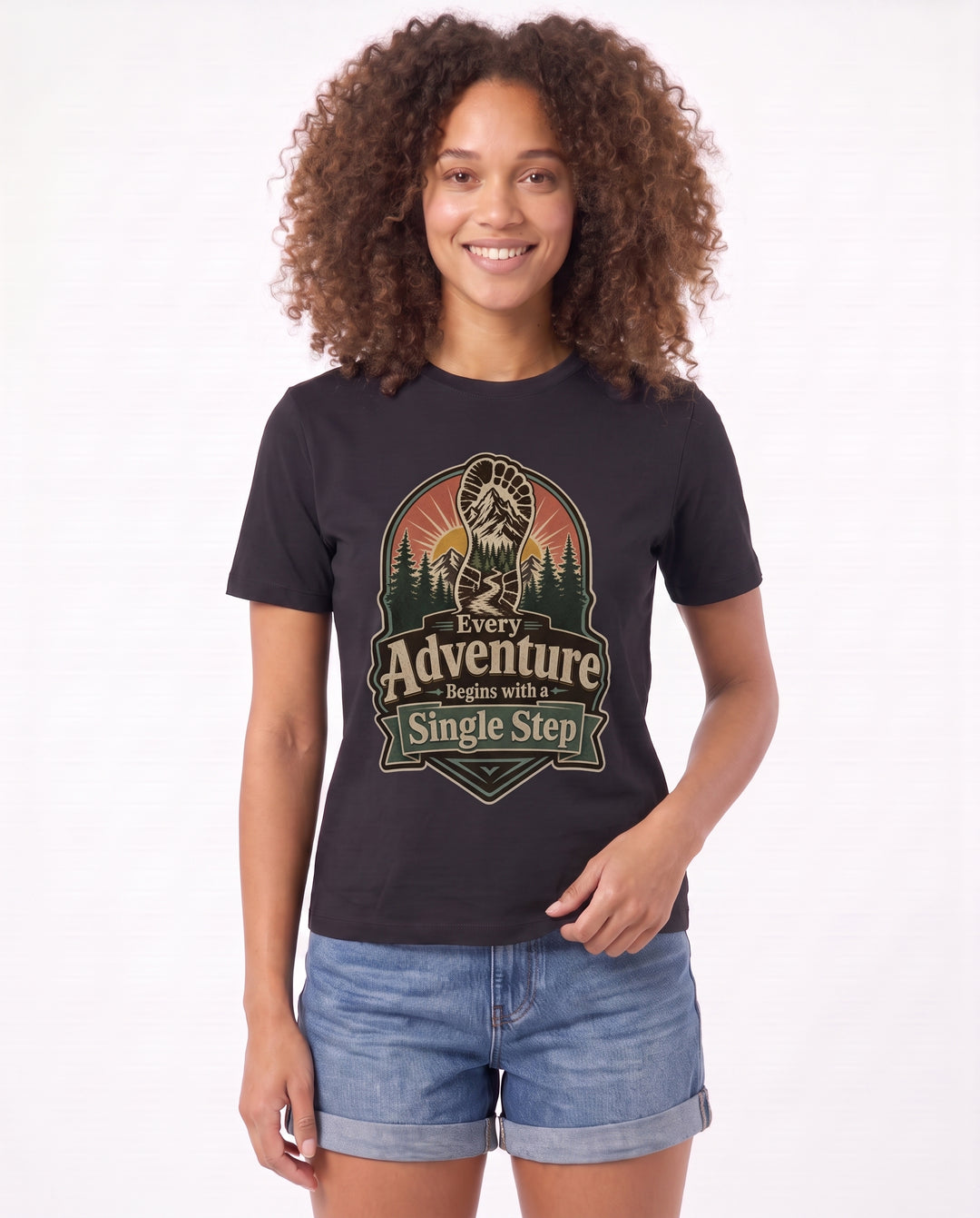 Every Adventure Begins With A Single Step Black T-Shirt mockup 3