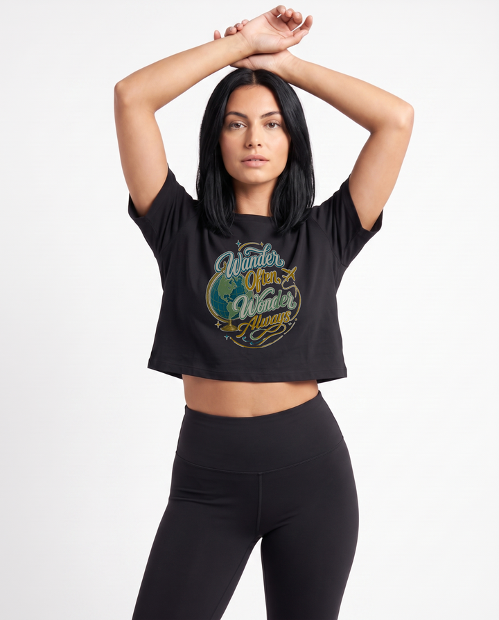 Wander Often, Wonder Always Crop Top mockup 1