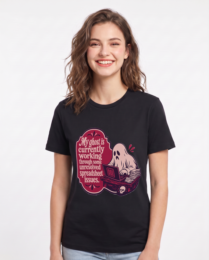 Halloween Women's Black T-Shirt - My ghost is currently working product image 1