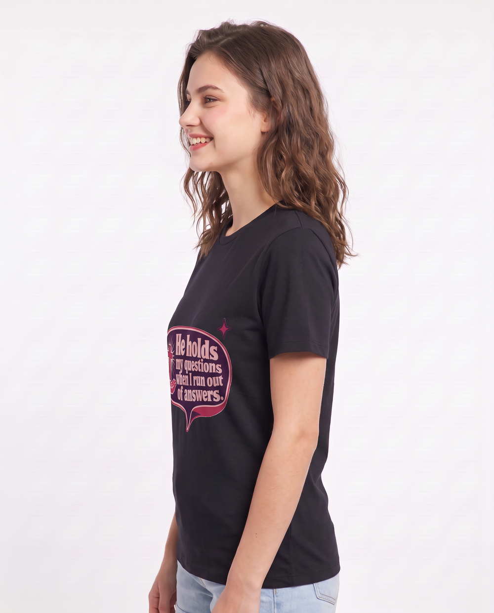 Graphic Women's Black T-Shirt - He holds my questions when I run out product image 2