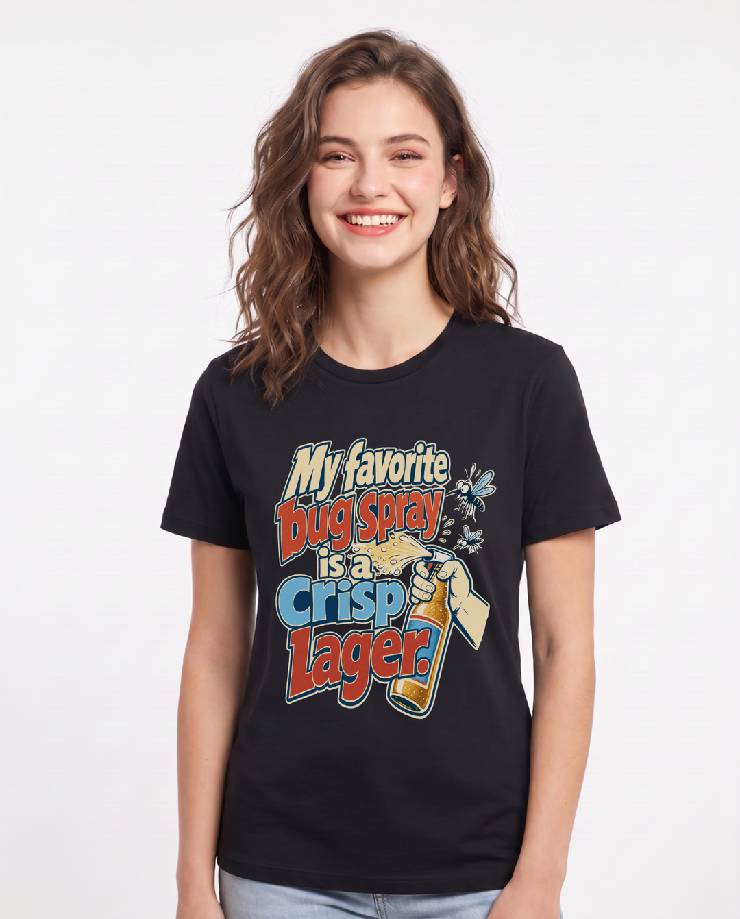 Funny Beer Women's Black T-Shirt – My favorite bug spray is a crisp product image 1