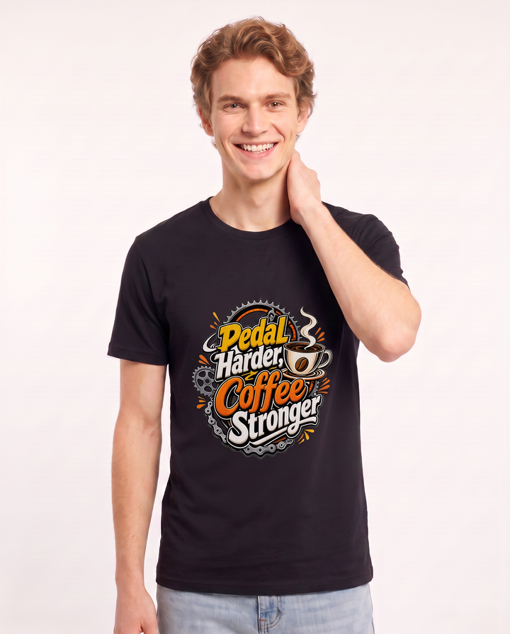 Pedal Harder, Coffee Stronger Men's Black T-Shirt product image 1