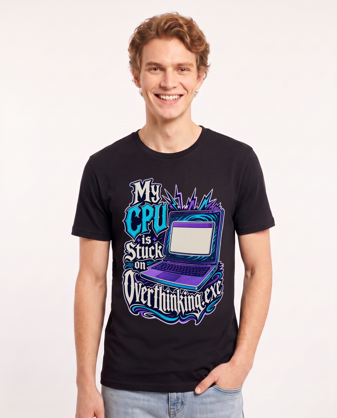 Funny Meme Men's Black T-Shirt – My CPU is stuck on overthinking.exe product image 1
