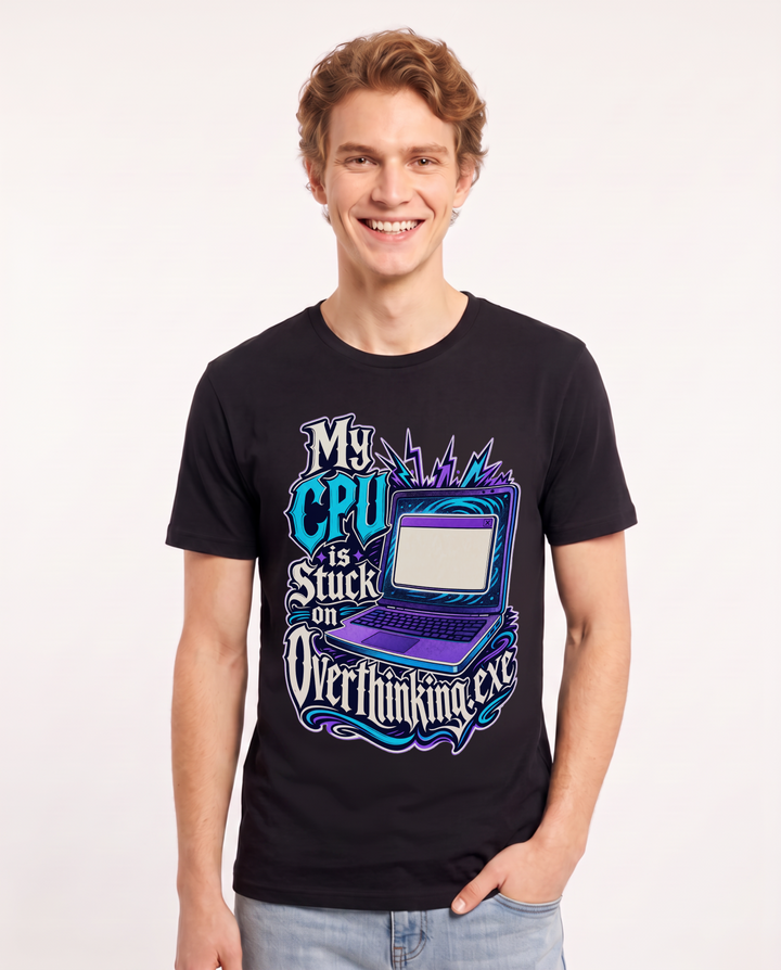 Funny Meme Men's Black T-Shirt – My CPU is stuck on overthinking.exe product image 1