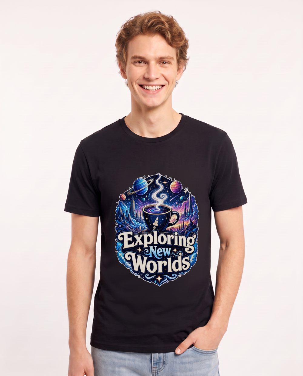 Exploring New Worlds Men's Black T-Shirt product image 2