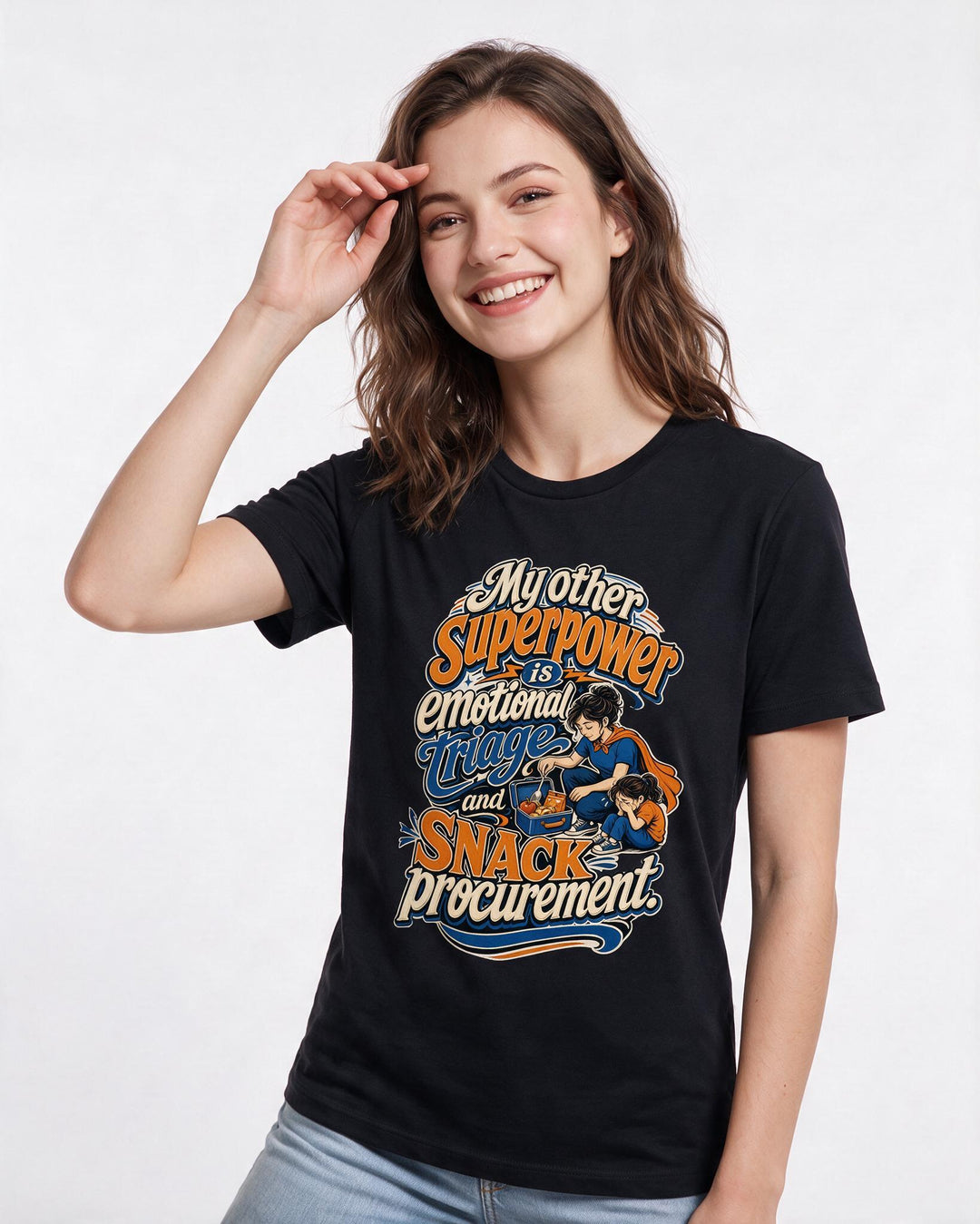Funny Teacher Women's Black T-Shirt – My other superpower is emotional triage and snack procurement. product image 3