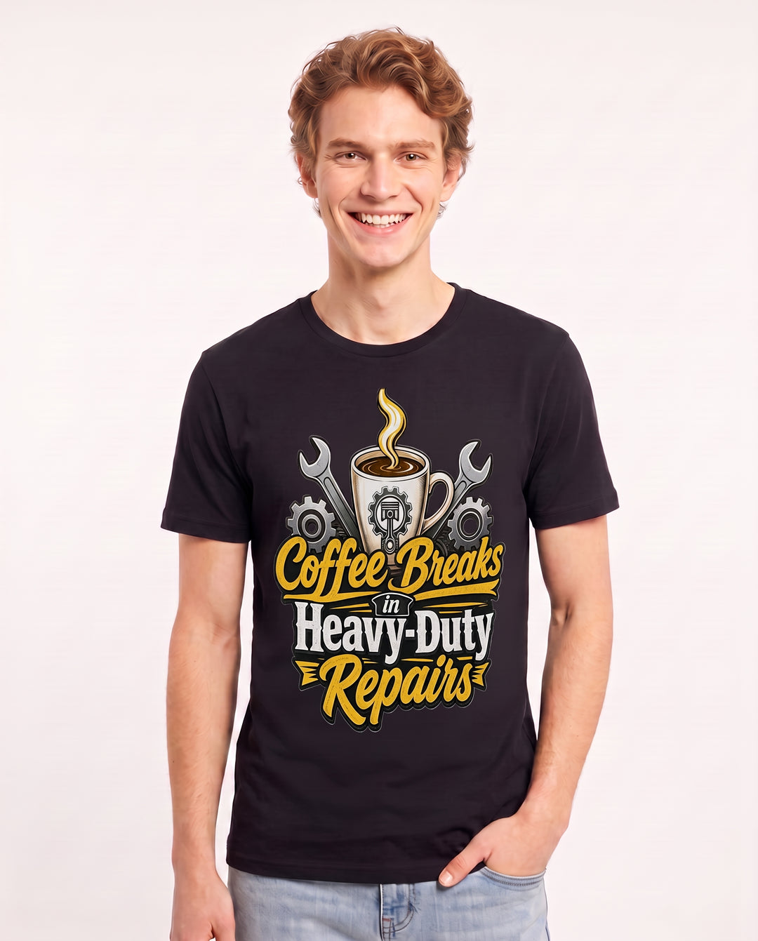 Coffee Breaks in Heavy-Duty Repairs Men's Black T-Shirt product image 3
