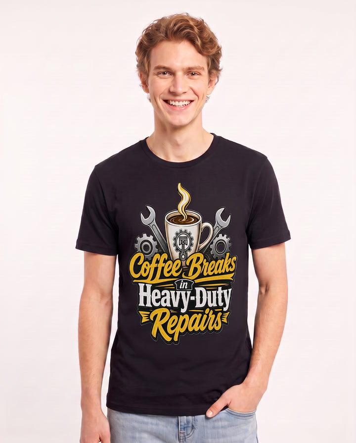 Coffee Breaks in Heavy-Duty Repairs Men's Black T-Shirt product image 3