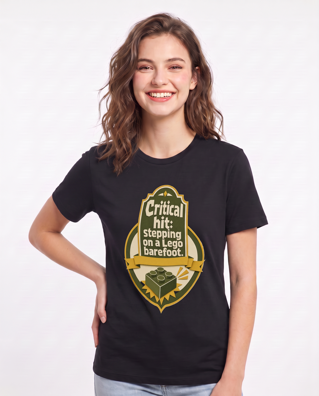 Gaming Women's Black T-Shirt - Critical hit: stepping on a Lego product image 3