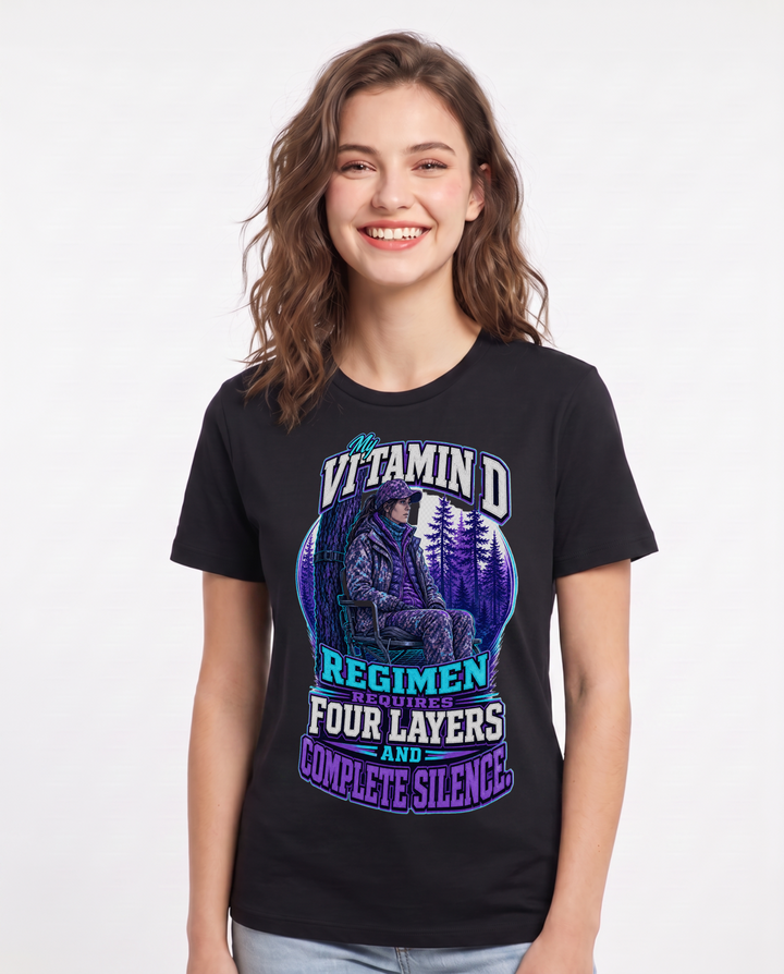 Hunting Women's Black T-Shirt – My Vitamin D regimen requires four layers and complete silence. product image 1