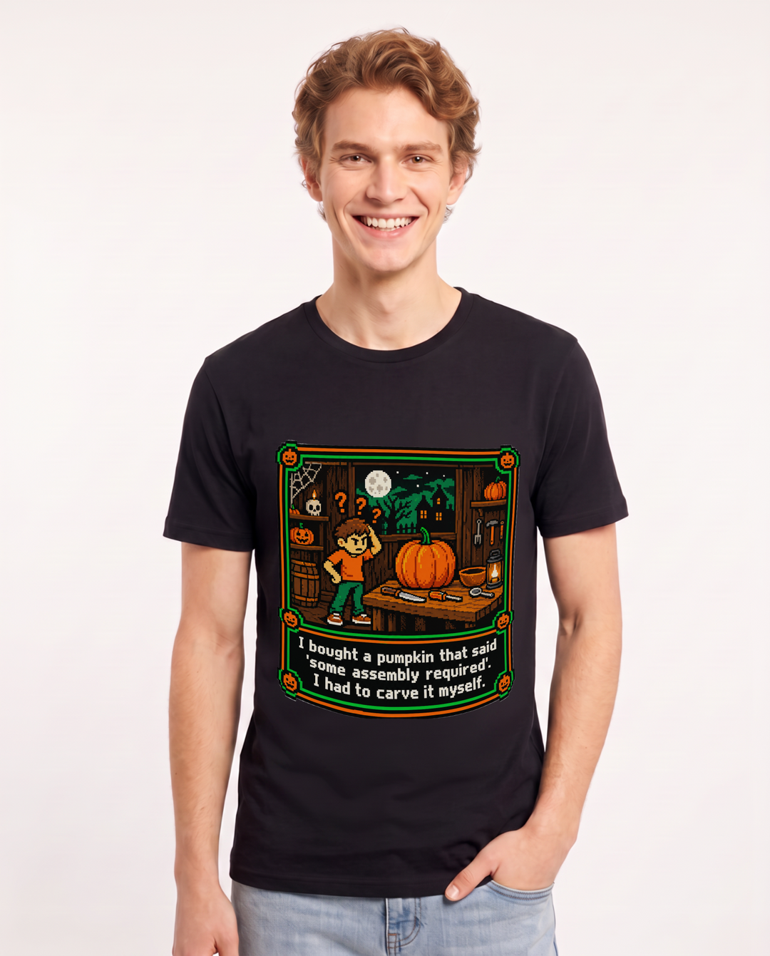 I bought a pumpkin that said 'some assembly required'. I had to carve it myself. Men's Black T-Shirt product image 2