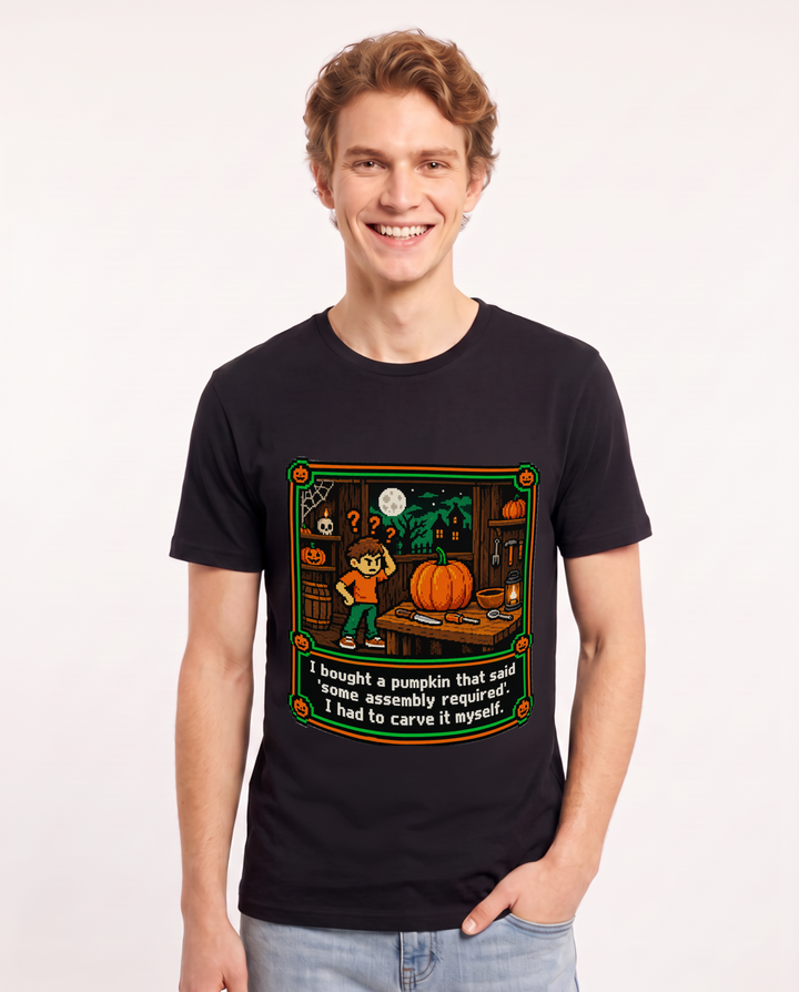 I bought a pumpkin that said 'some assembly required'. I had to carve it myself. Men's Black T-Shirt product image 2