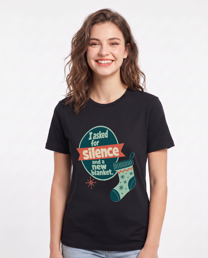 Christmas Women's Black T-Shirt - I asked for silence and a new product image 1