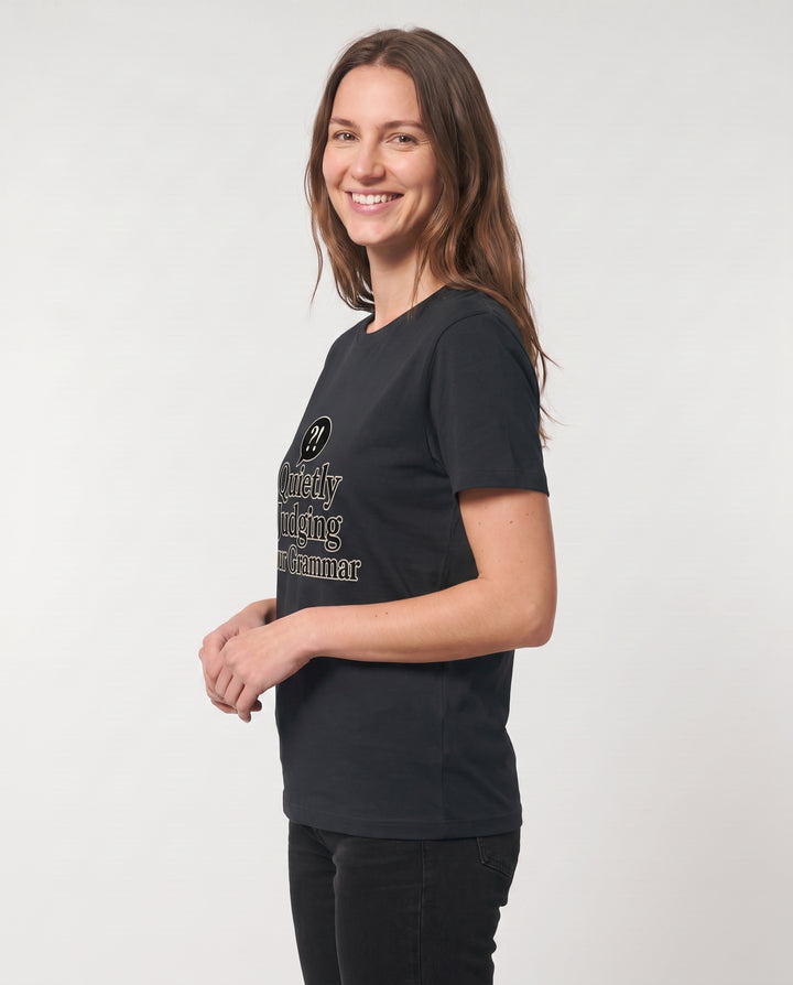 Quietly Judging Your Grammar Black T-Shirt mockup 2