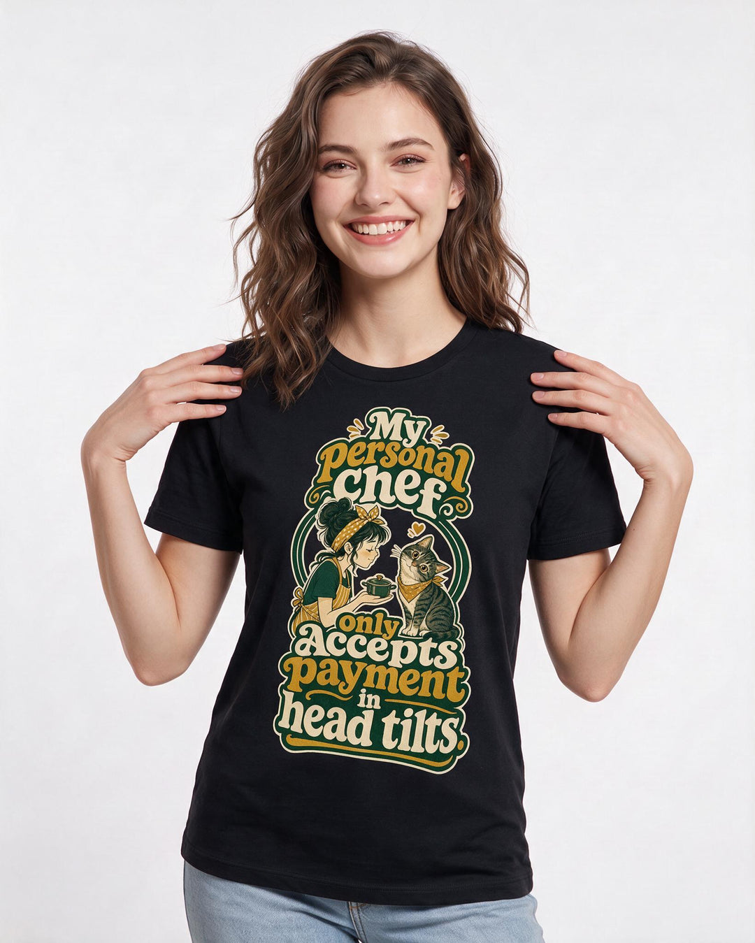 Funny Cat Lover Women's Black T-Shirt – My personal chef only accepts payment in head tilts product image 3