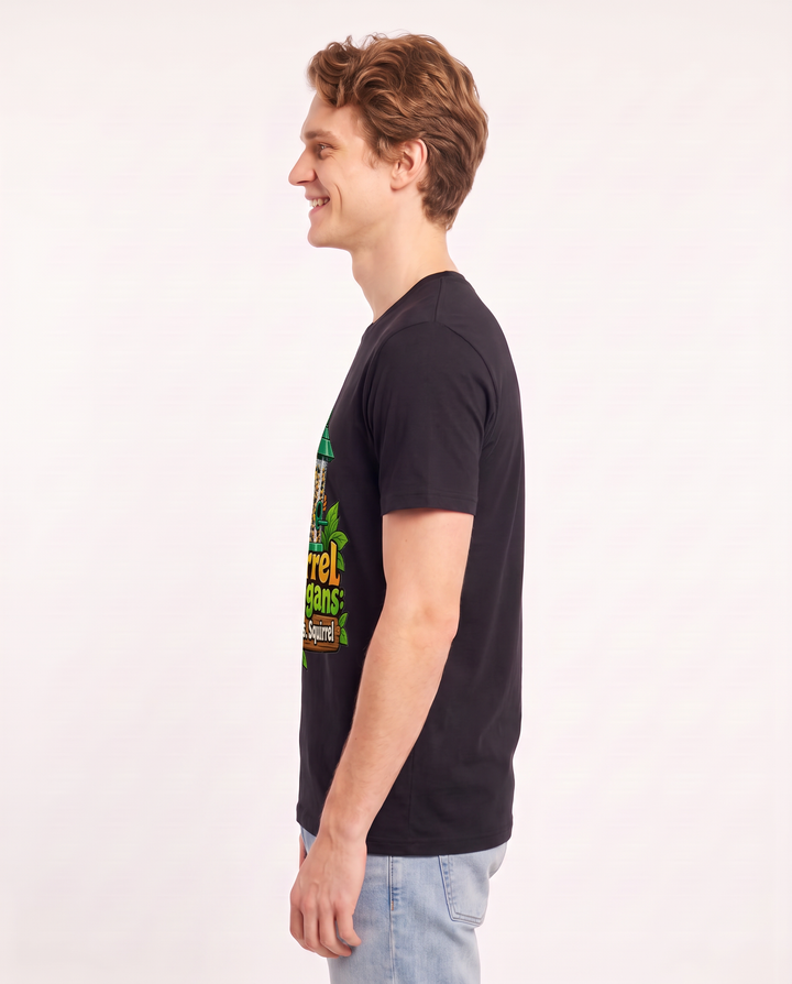 Squirrel Shenanigans: Birdwatcher vs. Squirrel Men's Black T-Shirt product image 3