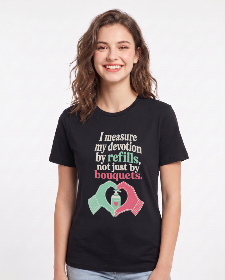 I measure my devotion by refills, not just by bouquets. Women's Black T-Shirt product image 2