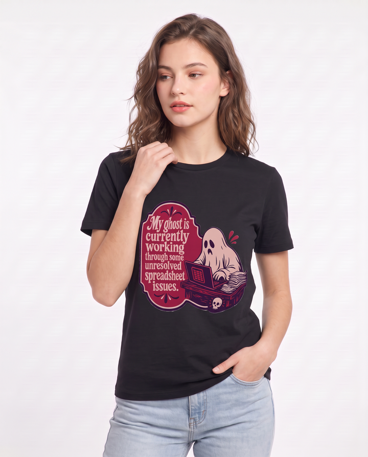 Halloween Women's Black T-Shirt - My ghost is currently working product image 3
