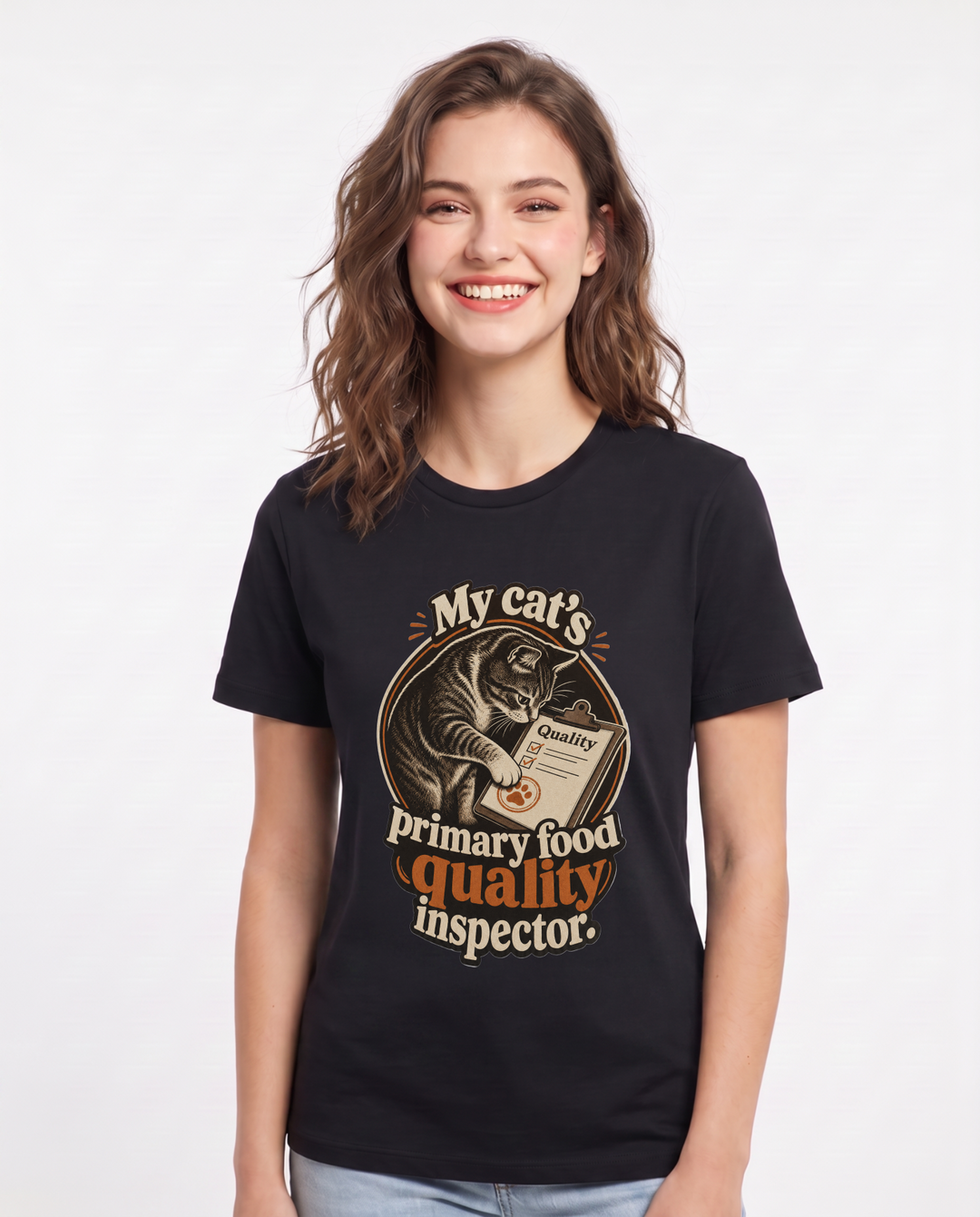 Cat Lover Women's Black T-Shirt – My cat's primary food quality inspector. product image 1
