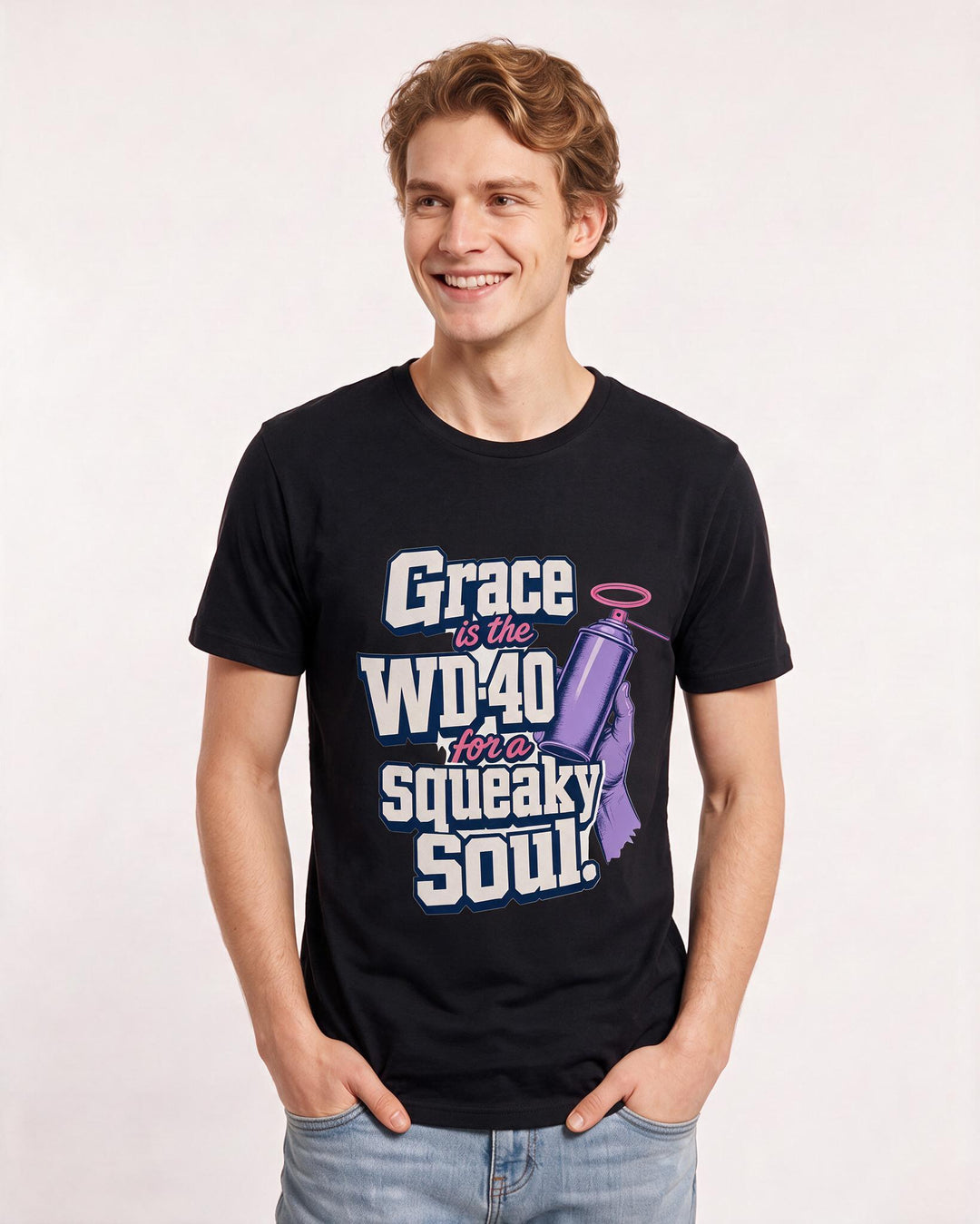 Christian Faith Men's Black T-Shirt – Grace is the WD-40 for a squeaky soul. product image 3