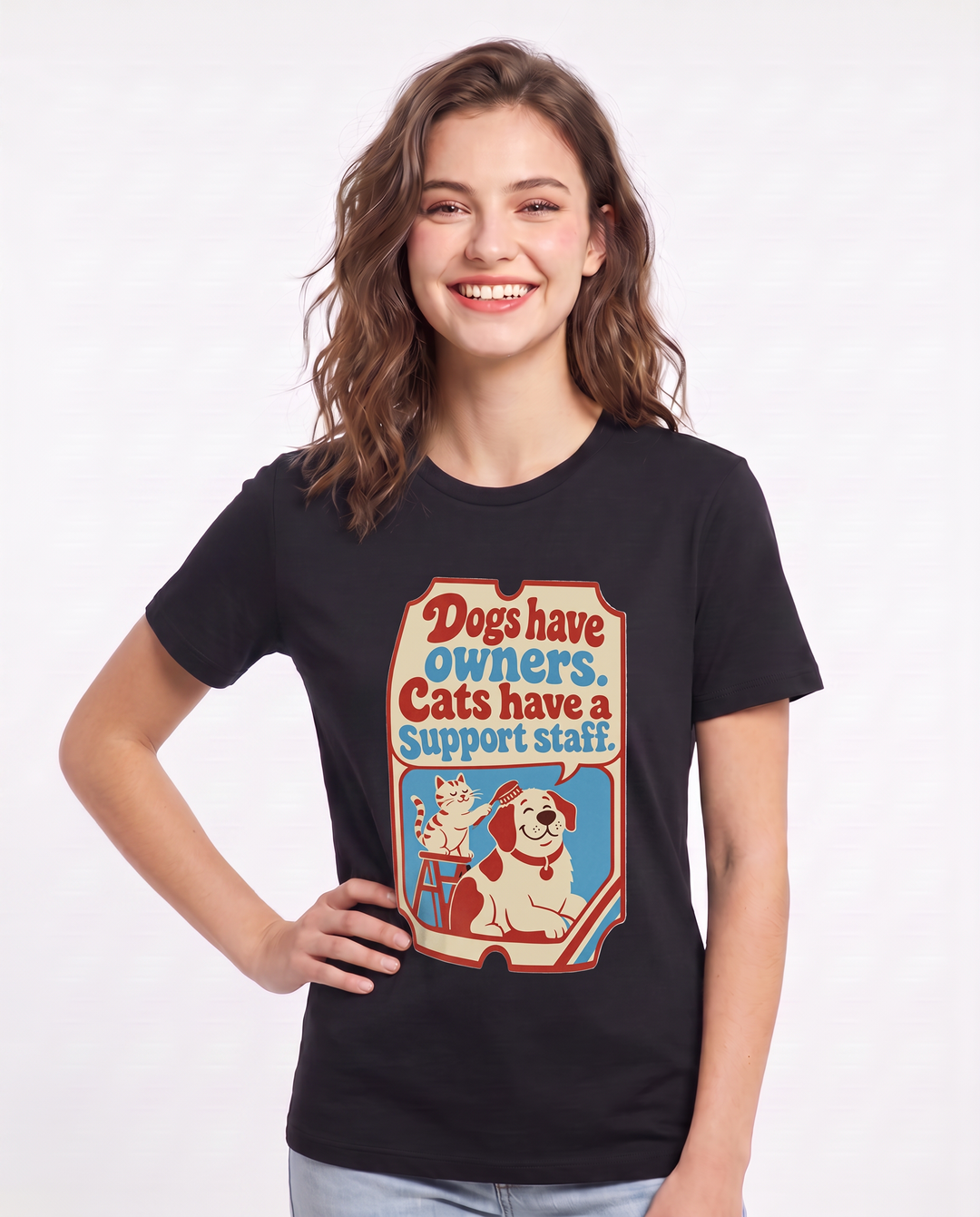 Graphic Women's Black T-Shirt - Dogs have owners. Cats have a support product image 3