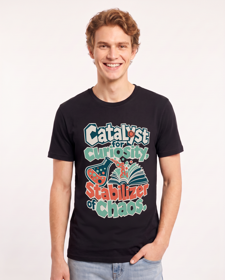 Teacher Men's Black T-Shirt – Catalyst for curiosity, stabilizer of chaos. product image 1