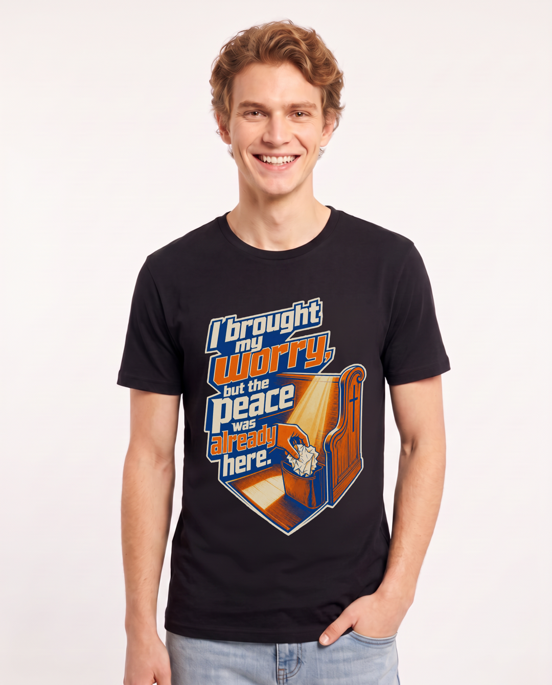 Christian Faith Men's Black T-Shirt – I brought my worry, but the peace was already here. product image 1