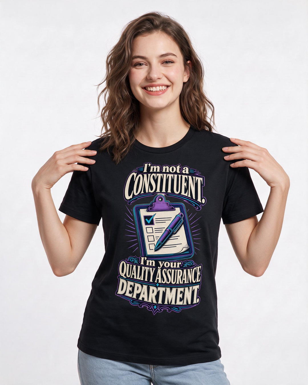 Political Statement Women's Black T-Shirt – "I'm not a constituent. I'm your quality assurance department." product image 3