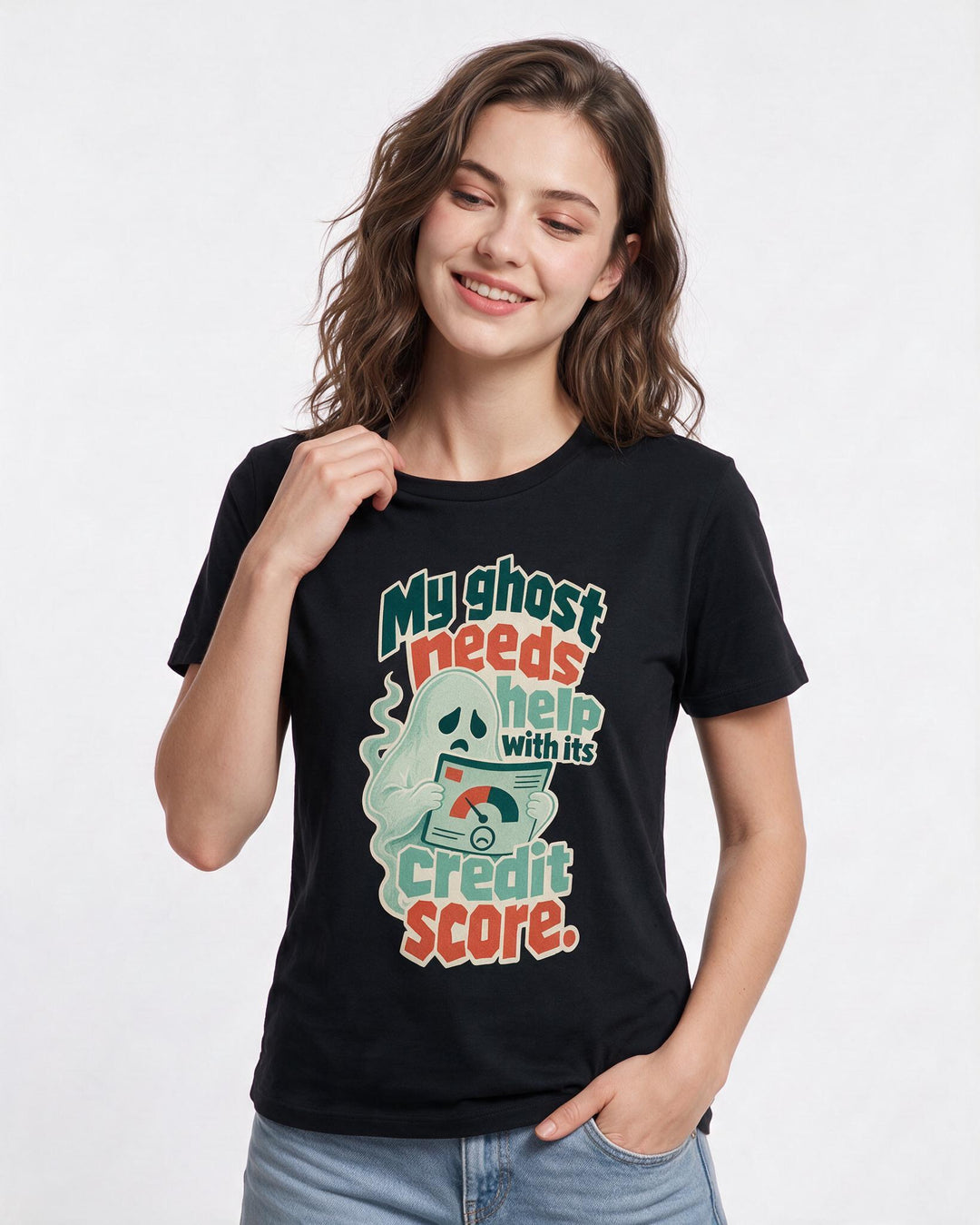 Halloween Women's Black T-Shirt – My ghost needs help with its credit score. product image 3