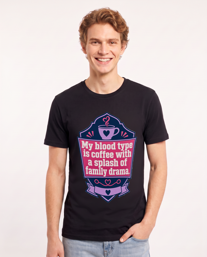 Graphic Men's Black T-Shirt - My blood type is coffee with a splash of product image 1