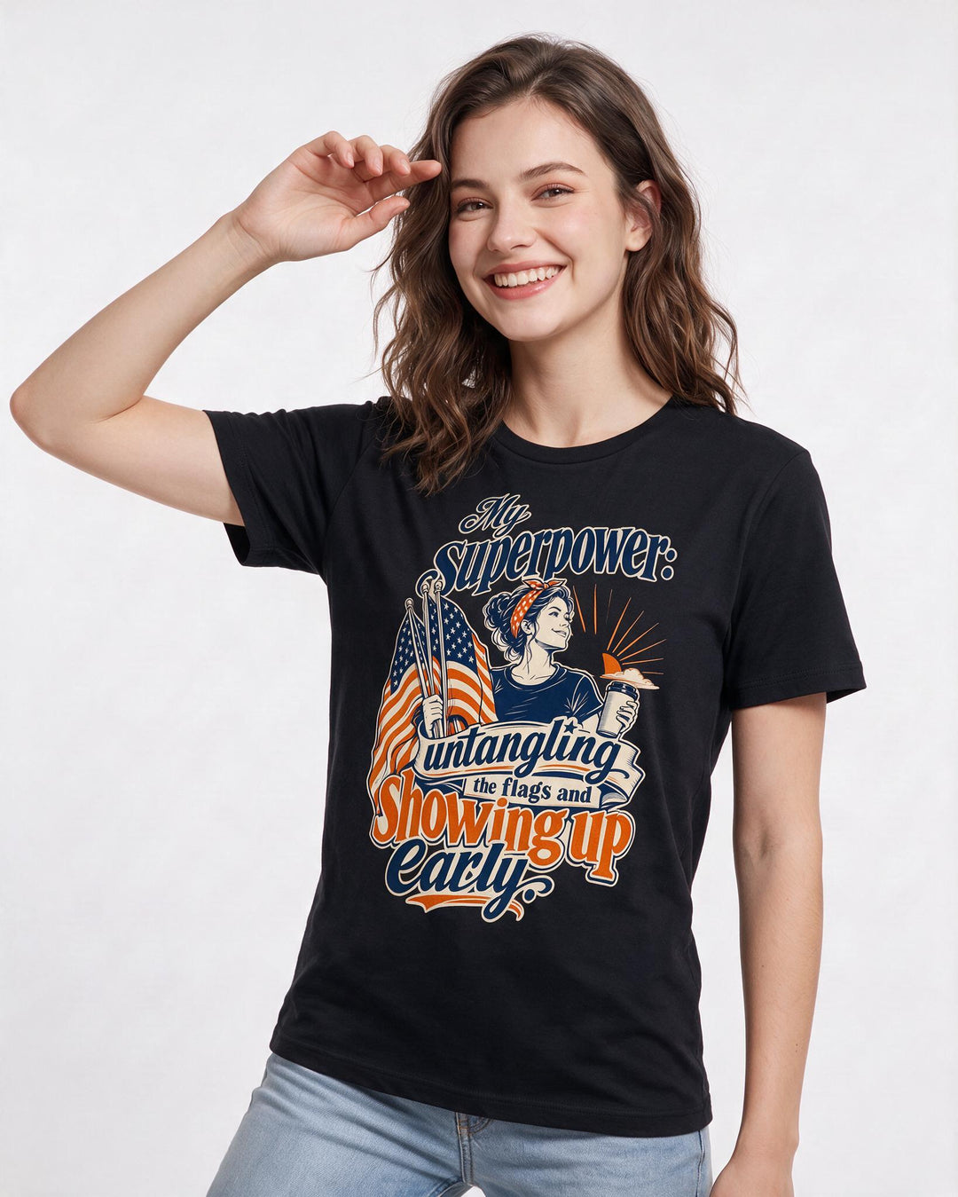 Patriotic Women's Black T-Shirt – My superpower: untangling the flags and showing up early. product image 3