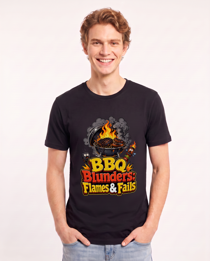 BBQ Blunders: Flames & Fails Men's Black T-Shirt product image 1