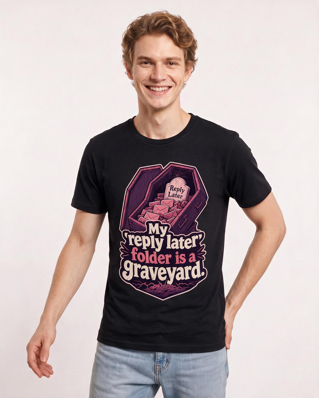 Funny Meme Men's Black T-Shirt – My 'reply later' folder is a graveyard. product image 3
