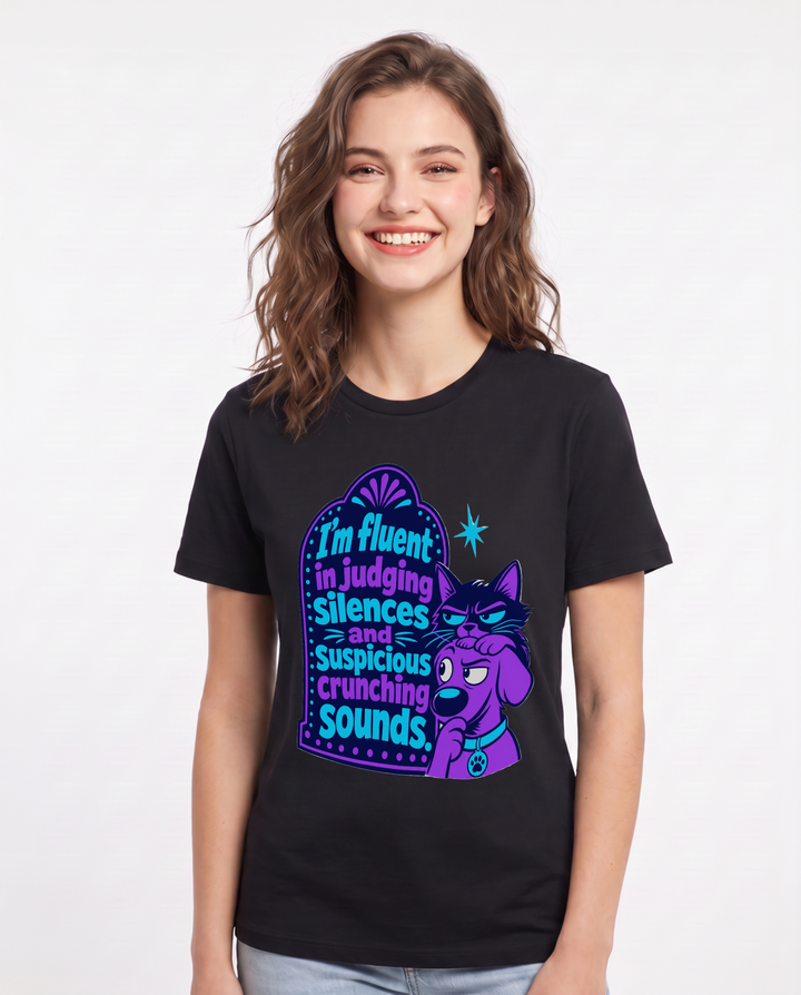 Graphic Women's Black T-Shirt - I'm fluent in judging silences and product image 1