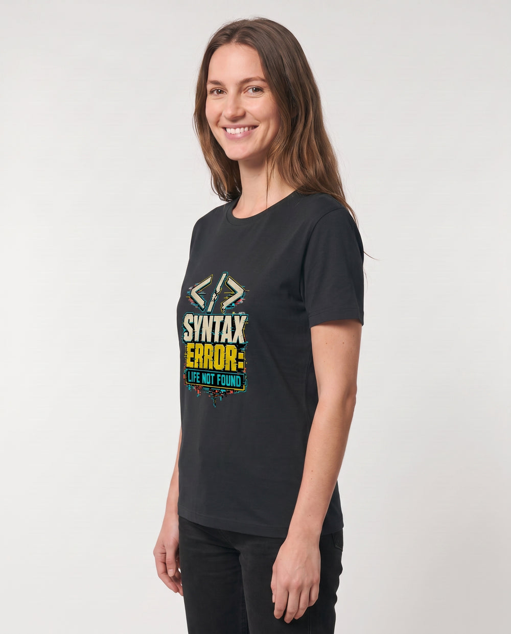 Syntax Error: Life Not Found Black T-Shirt mockup 2