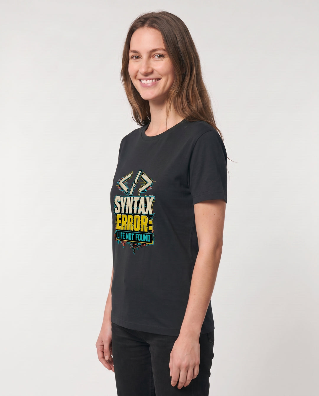Syntax Error: Life Not Found Black T-Shirt mockup 2
