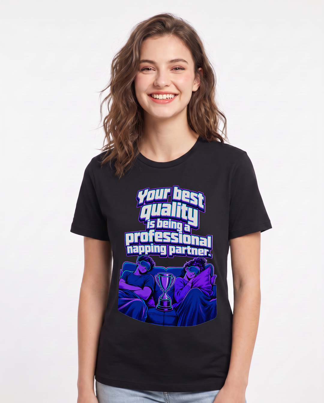 Couples Women's Black T-Shirt – Your best quality is being a professional napping partner. product image 1