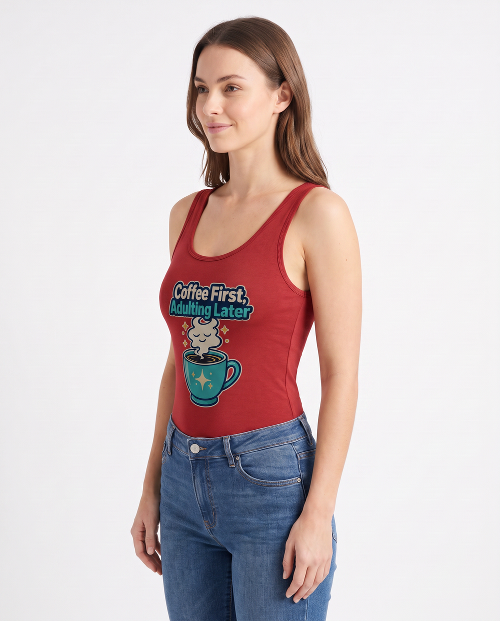 Coffee First, Adulting Later Sleeveless Tank Bodysuit mockup 2