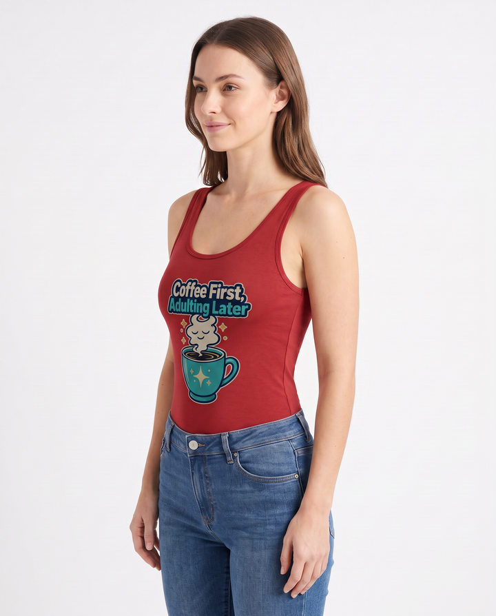 Coffee First, Adulting Later Sleeveless Tank Bodysuit mockup 2