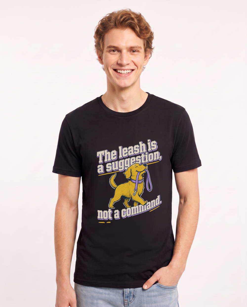 The leash is a suggestion, not a command. Men's Black T-Shirt product image 2