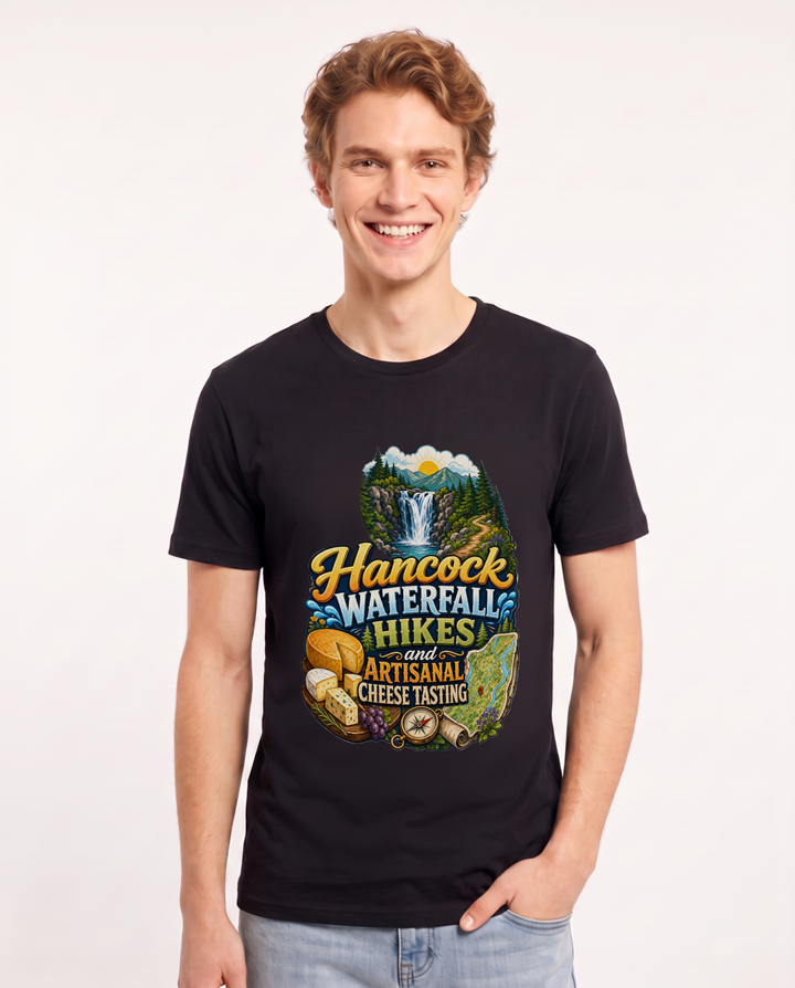 Hancock waterfall hikes and artisanal cheese tasting Men's Black T-Shirt product image 2