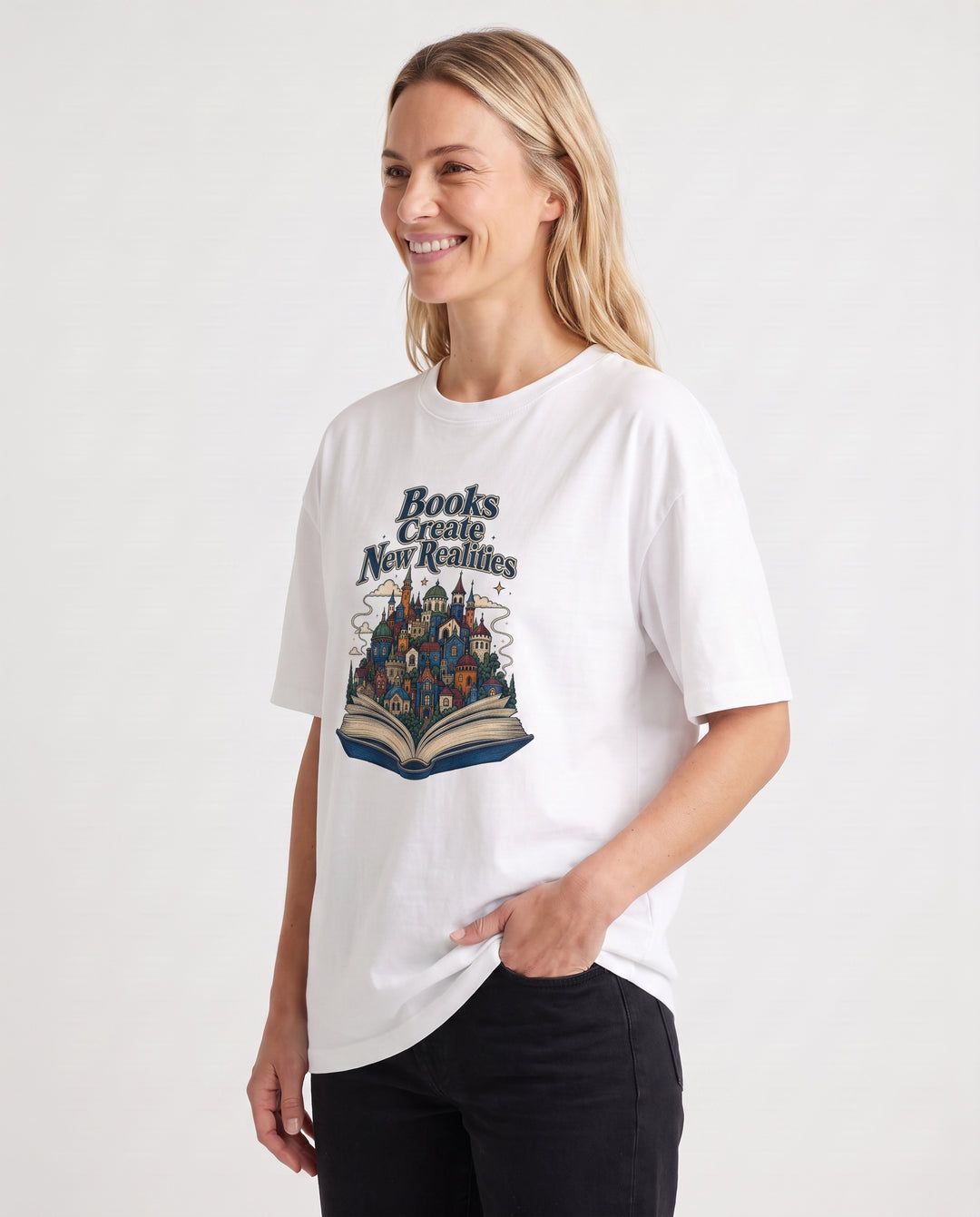 Books Create New Realities White T-Shirt mockup 2
