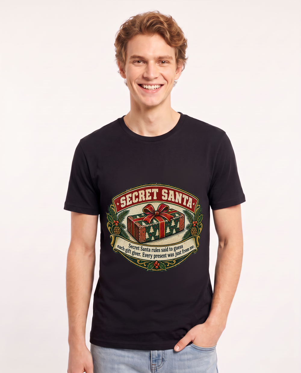 Secret Santa rules said to guess each gift giver. Every present was just from me. Men's Black T-Shirt product image 2